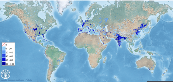 Mapa mundi com as porcentagens de áreas irrigadas pelos países