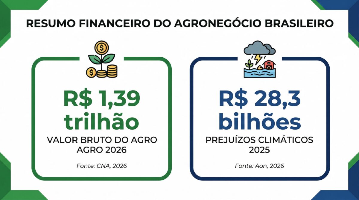 Infográfico comparando VBP do agronegócio brasileiro 2026 (R$ 1,39 trilhão) e prejuízos climáticos 2025 (R$ 28,3 bilhões)