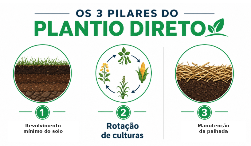 Infográfico com os 3 pilares do plantio direto: revolvimento mínimo do solo, rotação de culturas e manutenção da palhada