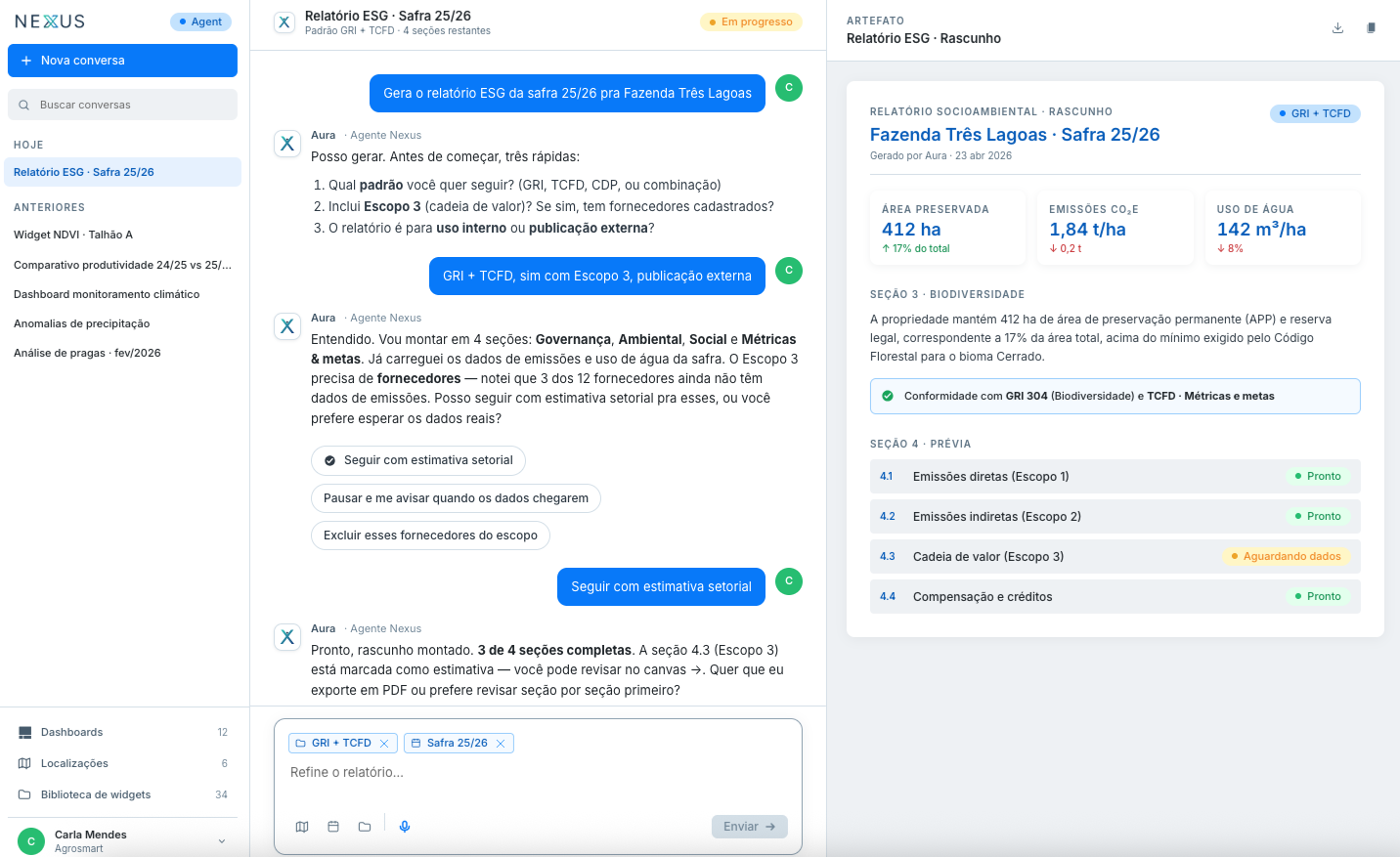 Aura gerando relatório ESG de sustentabilidade no Nexus