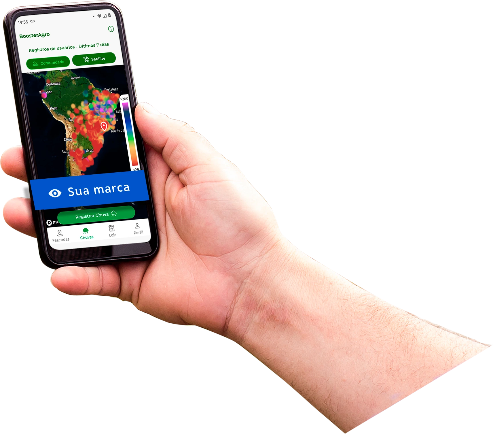 Celular com o app BoosterAgro exibindo um banner com o espaço da sua marca