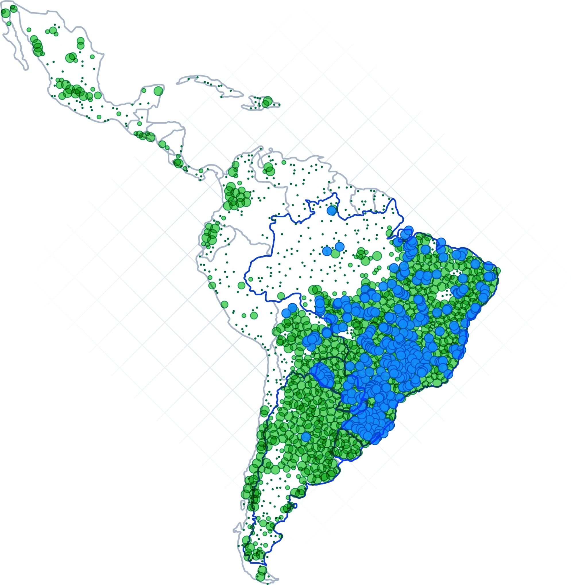 Mapa da América Latina com a distribuição dos produtores da comunidade BoosterAgro