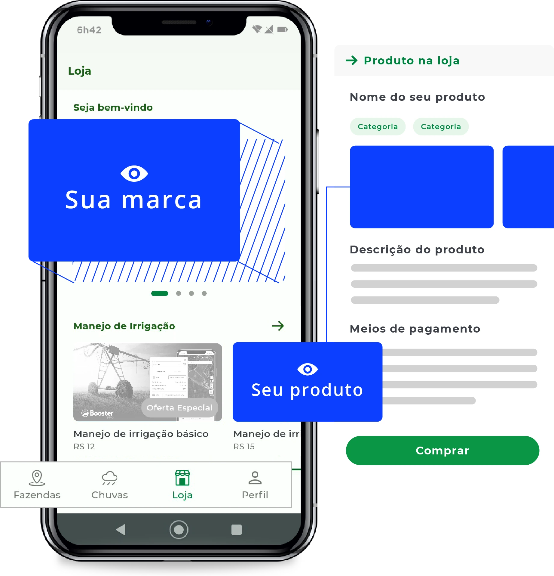 Vitrine da Loja BoosterAgro com uma oferta real e a página do produto